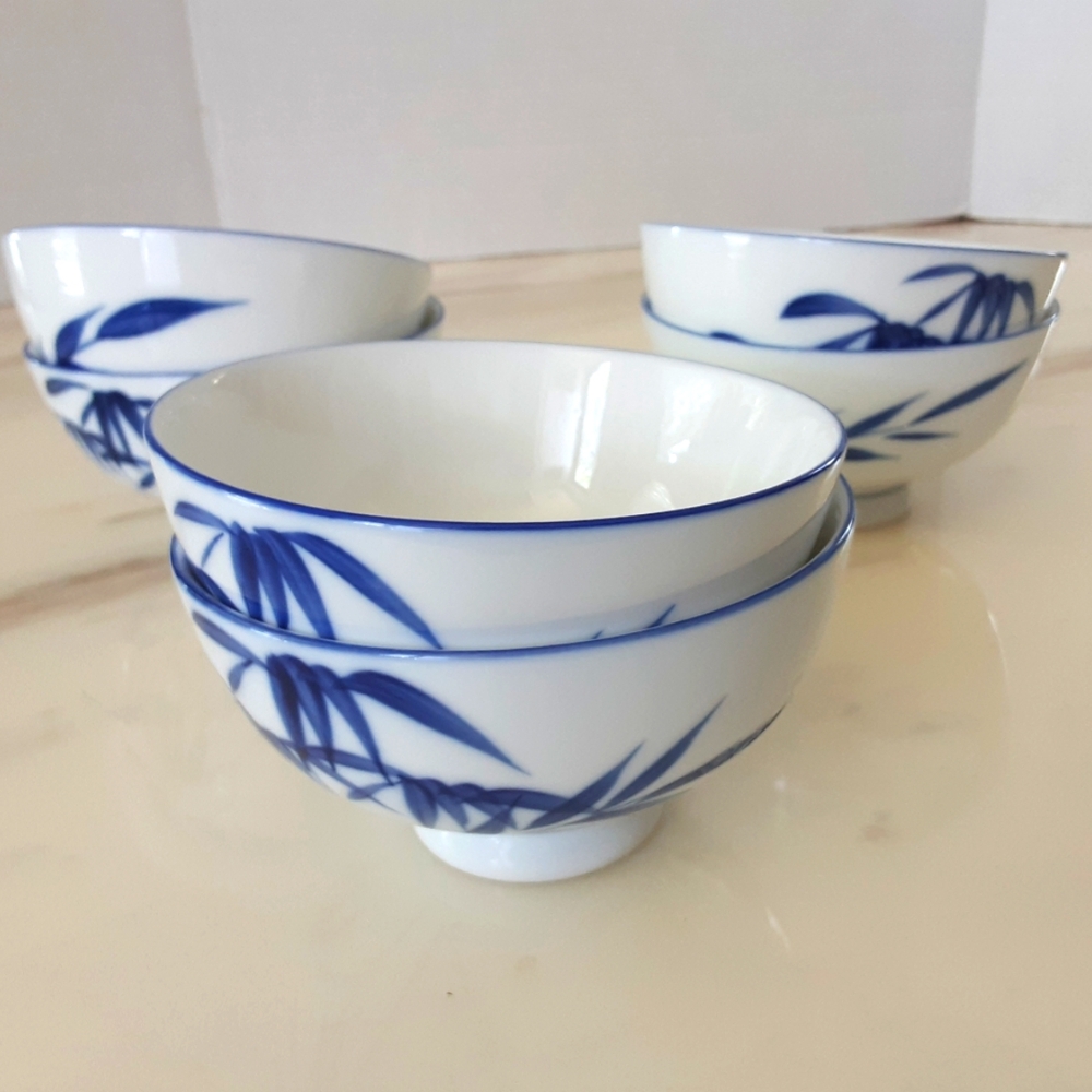 MISTY ROSE Super White Rice|Soup Bamboo Cobalt Blue Ceramic Bowls Set of 6 - Vtg